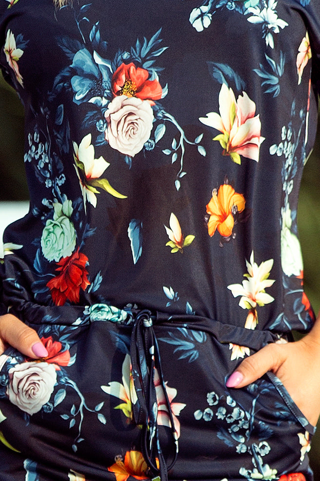 Numoco 13-91 Sporty dress - colorful flowers on a dark blue background