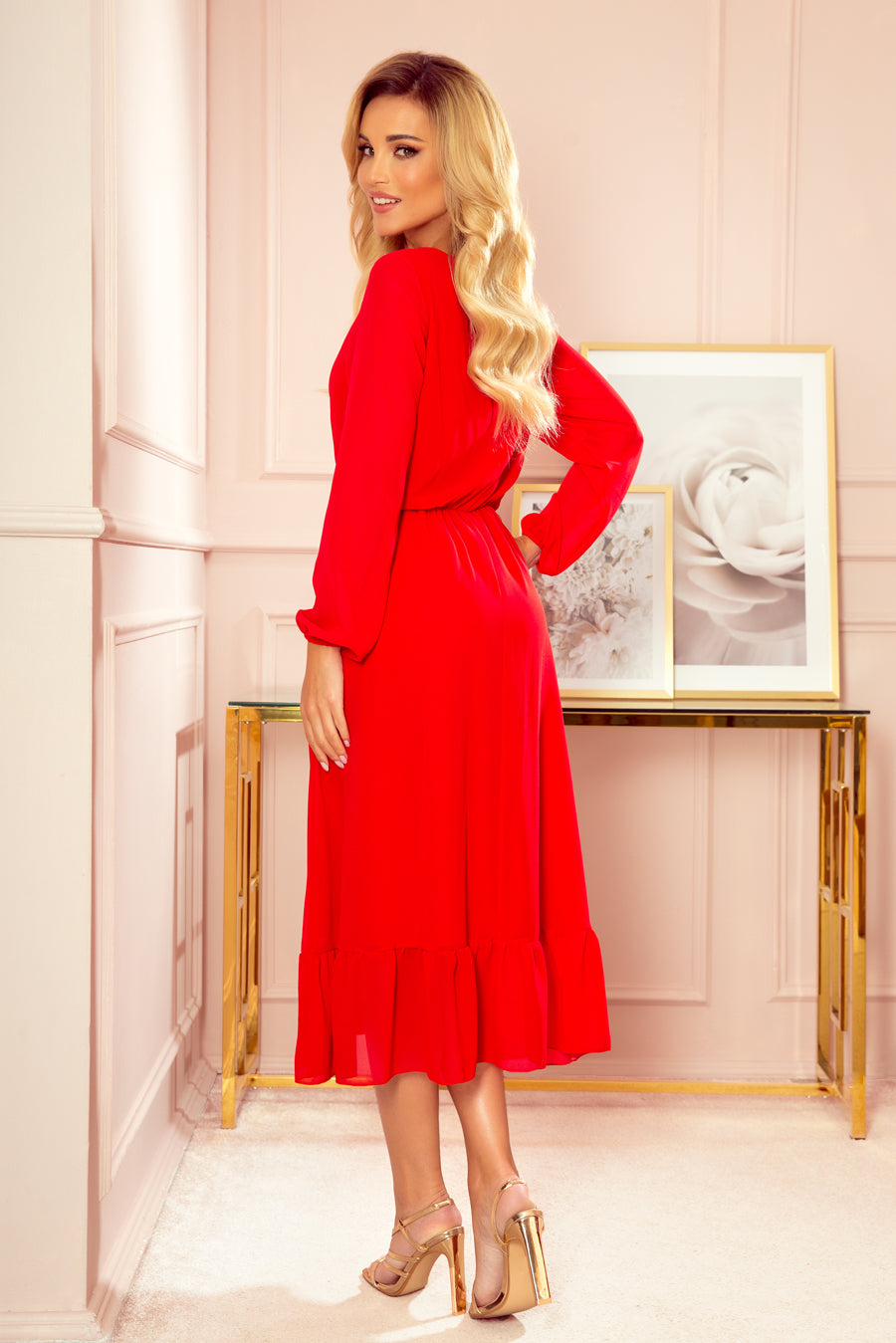 Numoco 304-3 Chiffon midi dress with a neckline and frill - Red