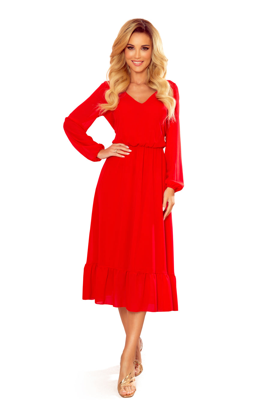 Numoco 304-3 Chiffon midi dress with a neckline and frill - Red